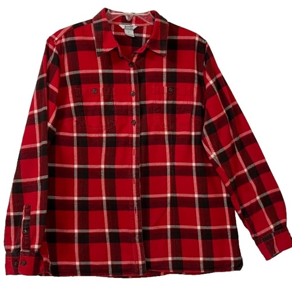 Duluth Trading Co. Women's Flannel Shirt Lg Red Plaid 100% Cotton Button Front